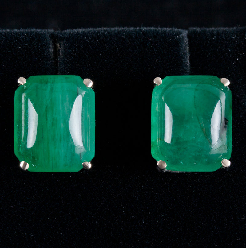 14k White Gold Emerald Cabochon Emerald Solitaire Stud Earrings 14.5ctw 4.5g