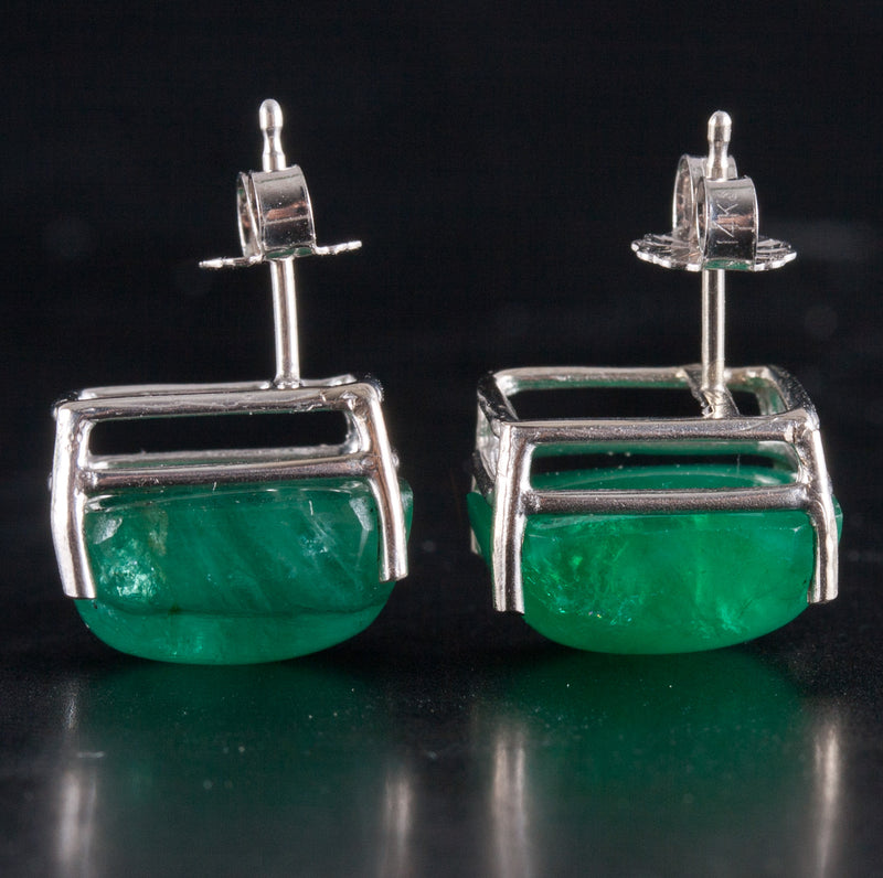 14k White Gold Emerald Cabochon Emerald Solitaire Stud Earrings 14.5ctw 4.5g