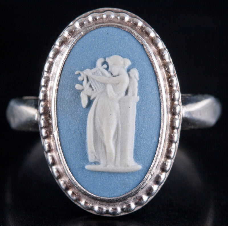 Vintage 1800's Sterling Silver Josiah Wedgewood Jasperware Ceramic Cameo Ring
