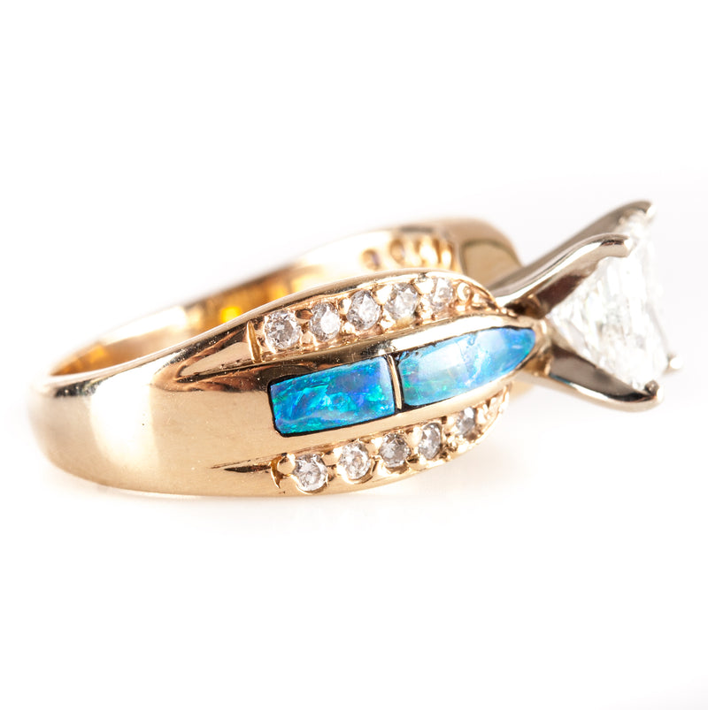 14k Yellow White Gold Princess Diamond Inlay Opal Engagement Ring 1.39ctw 5.35g