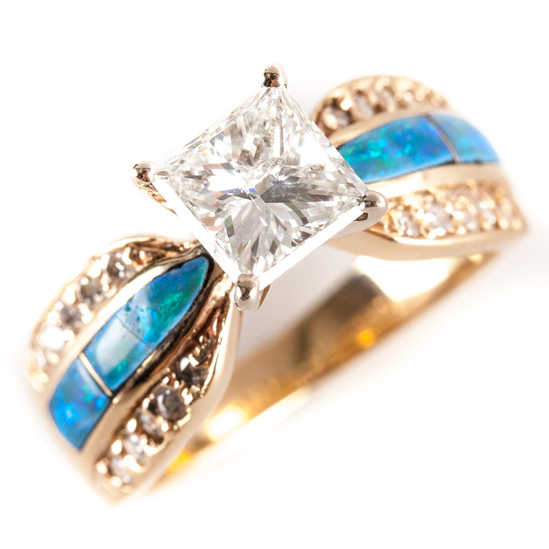 14k Yellow White Gold Princess Diamond Inlay Opal Engagement Ring 1.39ctw 5.35g