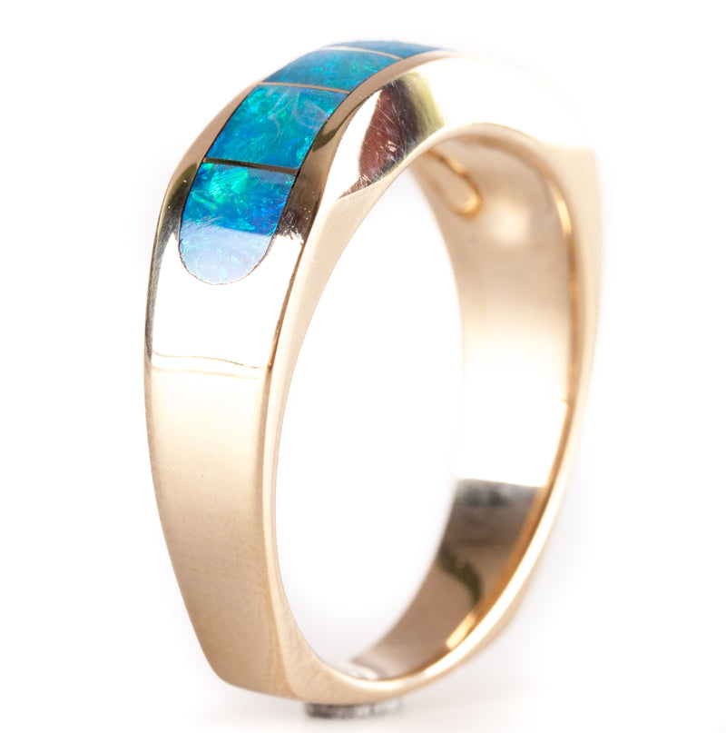 14k Yellow Gold AA Opal Inlay Wave Style Ring 7.2g