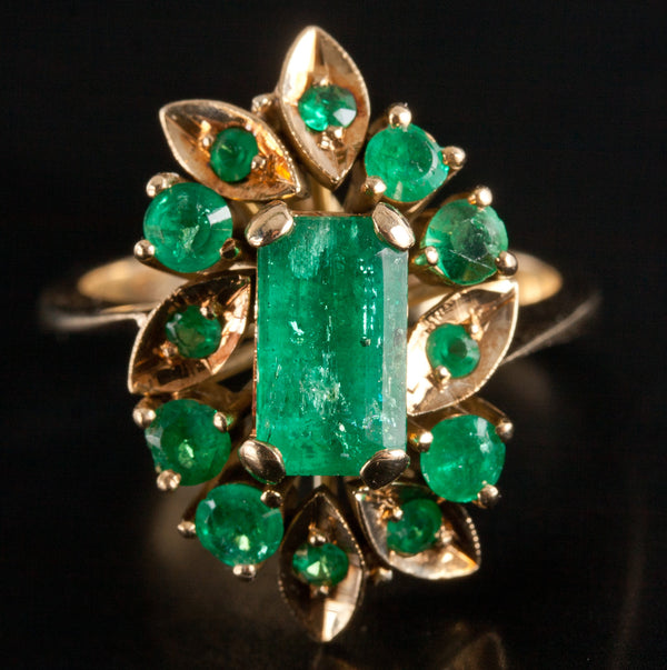 18k Yellow Gold Baguette Round Emerald Cluster Cocktail Ring 2.06ctw 7.1g