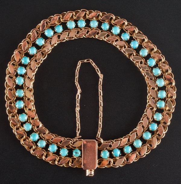 Vintage 1930's 14k Yellow Gold Round Cabochon Turquoise Bracelet 9.85g