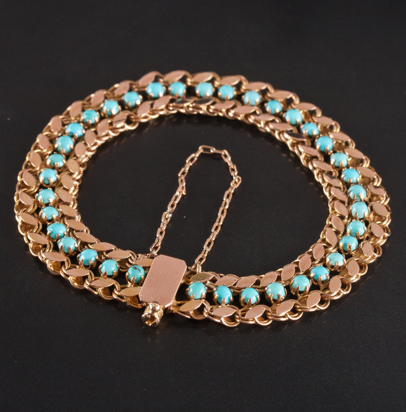 Vintage 1930's 14k Yellow Gold Round Cabochon Turquoise Bracelet 9.85g