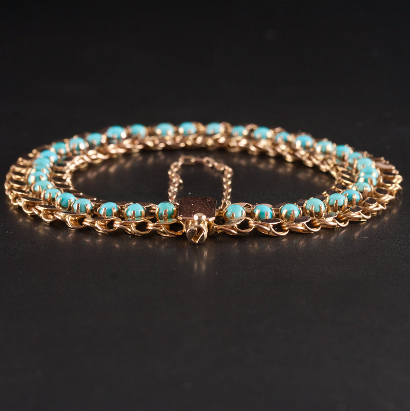 Vintage 1930's 14k Yellow Gold Round Cabochon Turquoise Bracelet 9.85g