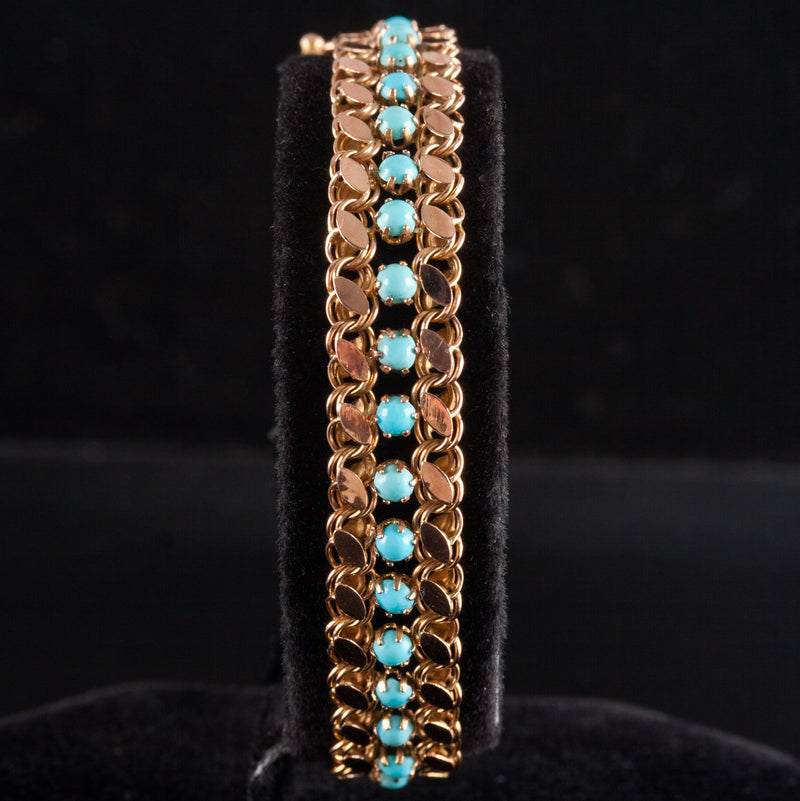 Vintage 1930's 14k Yellow Gold Round Cabochon Turquoise Bracelet 9.85g