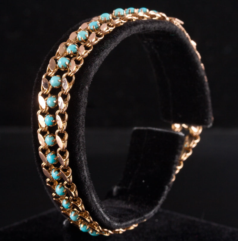 Vintage 1930's 14k Yellow Gold Round Cabochon Turquoise Bracelet 9.85g