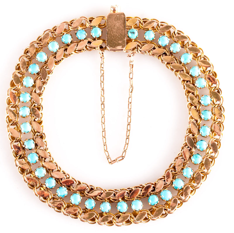 Vintage 1930's 14k Yellow Gold Round Cabochon Turquoise Bracelet 9.85g