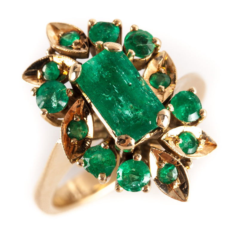 18k Yellow Gold Baguette Round Emerald Cluster Cocktail Ring 2.06ctw 7.1g