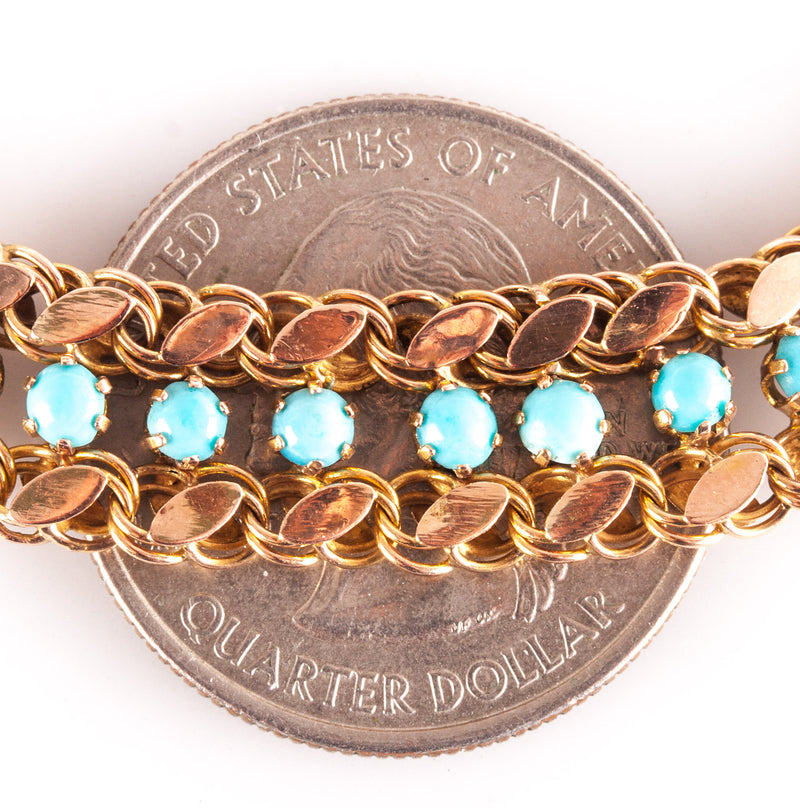 Vintage 1930's 14k Yellow Gold Round Cabochon Turquoise Bracelet 9.85g