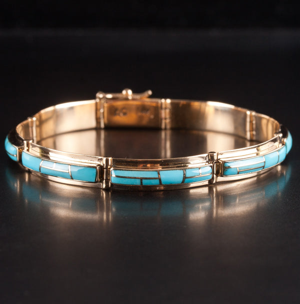 Vintage 1970's 14k Yellow Gold Inlay Style AA Turquoise Bracelet 16.15g