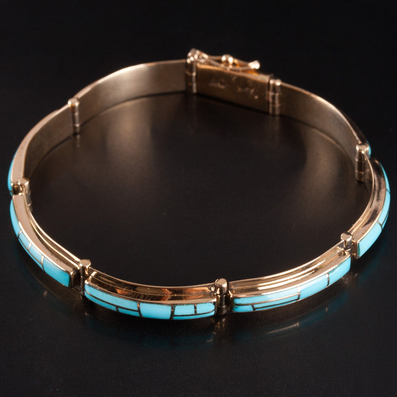 Vintage 1970's 14k Yellow Gold Inlay Style AA Turquoise Bracelet 16.15g