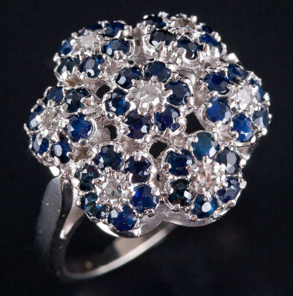 14k White Gold Round Sapphire Diamond Cluster Floral Style Ring 7.70ctw 5.05g