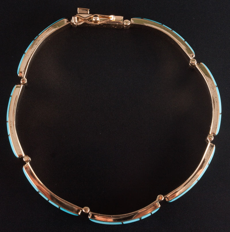Vintage 1970's 14k Yellow Gold Inlay Style AA Turquoise Bracelet 16.15g
