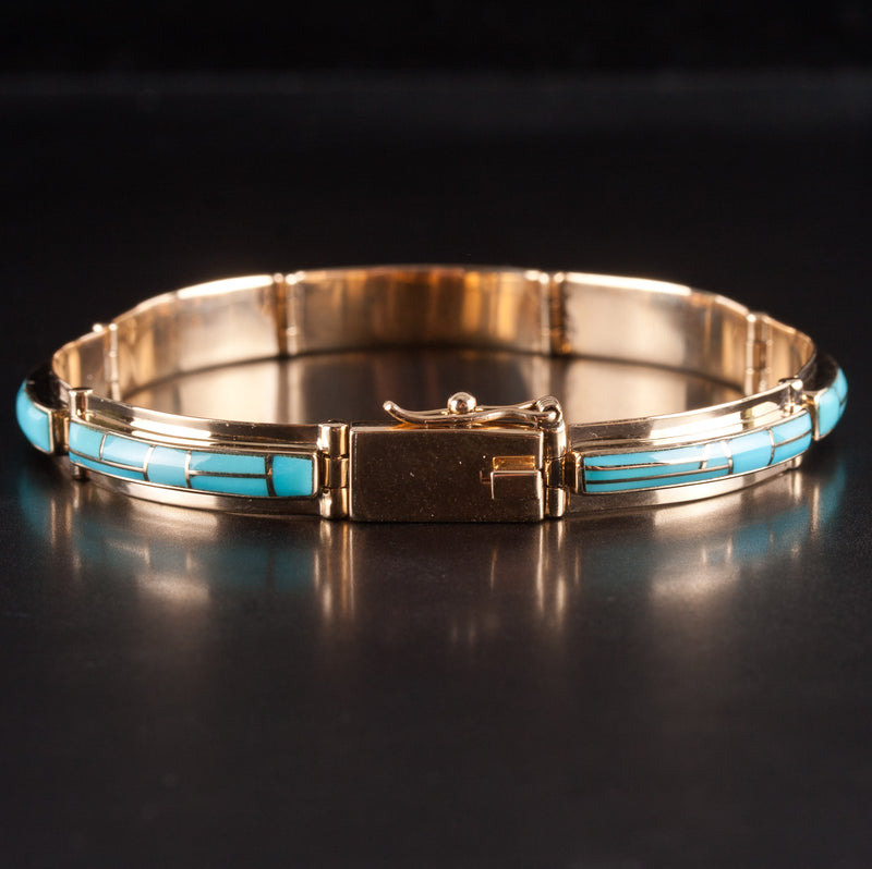 Vintage 1970's 14k Yellow Gold Inlay Style AA Turquoise Bracelet 16.15g