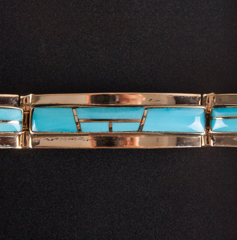 Vintage 1970's 14k Yellow Gold Inlay Style AA Turquoise Bracelet 16.15g