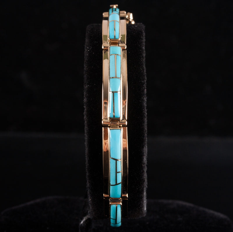 Vintage 1970's 14k Yellow Gold Inlay Style AA Turquoise Bracelet 16.15g