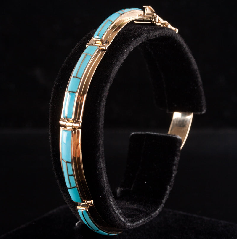 Vintage 1970's 14k Yellow Gold Inlay Style AA Turquoise Bracelet 16.15g