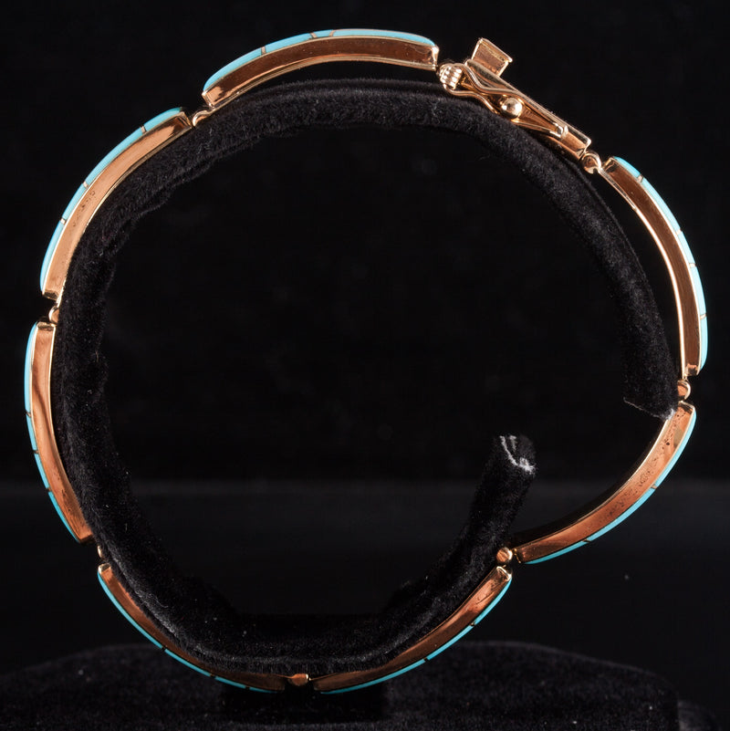 Vintage 1970's 14k Yellow Gold Inlay Style AA Turquoise Bracelet 16.15g