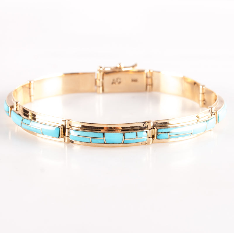 Vintage 1970's 14k Yellow Gold Inlay Style AA Turquoise Bracelet 16.15g