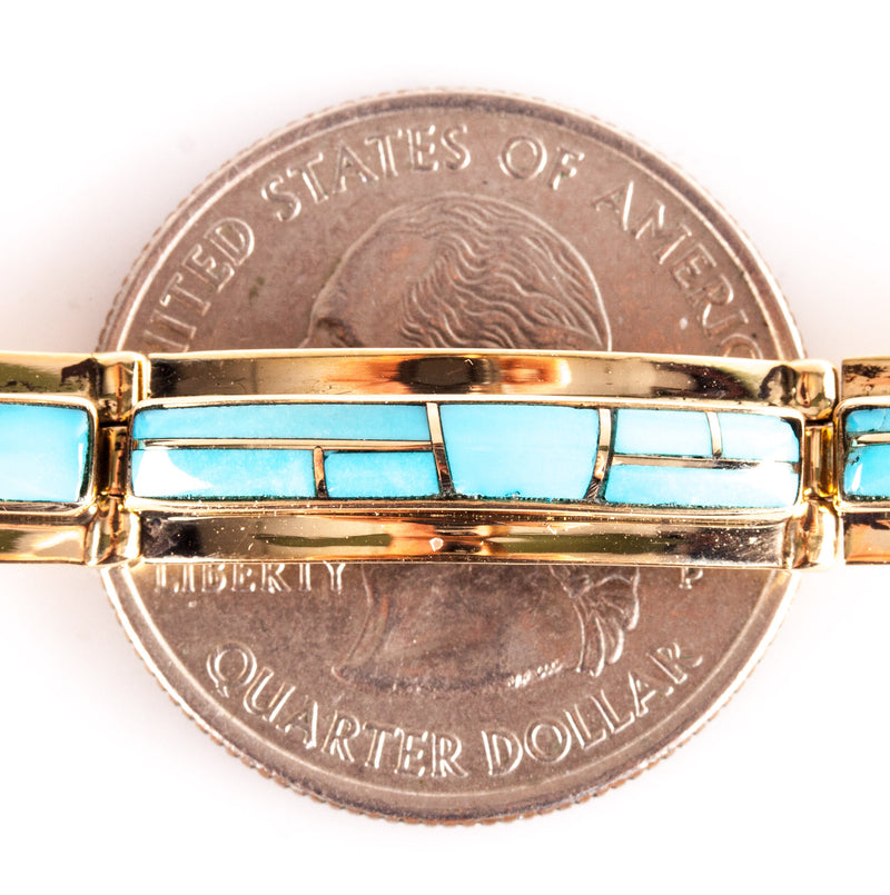 Vintage 1970's 14k Yellow Gold Inlay Style AA Turquoise Bracelet 16.15g