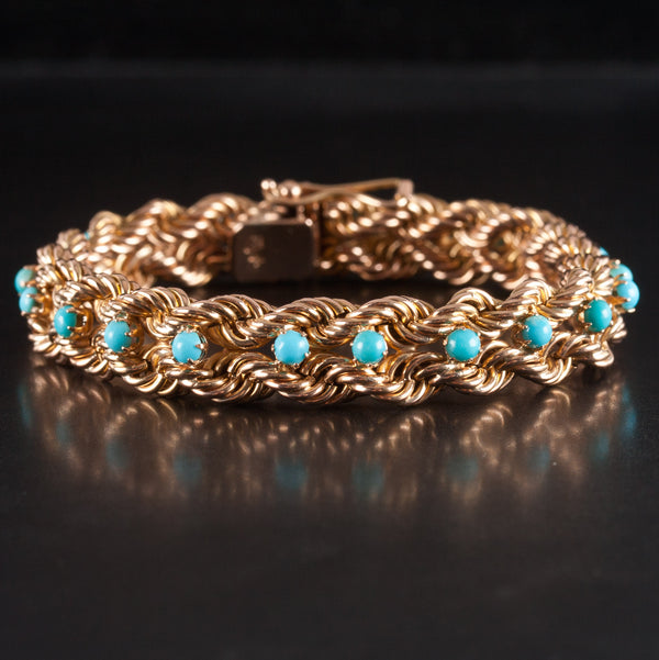 16k Yellow Gold Round Cabochon Blue Green Turquoise Rope Chain Bracelet 16.25g