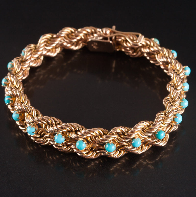 16k Yellow Gold Round Cabochon Blue Green Turquoise Rope Chain Bracelet 16.25g