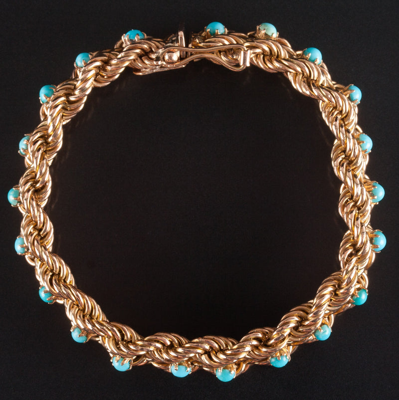 16k Yellow Gold Round Cabochon Blue Green Turquoise Rope Chain Bracelet 16.25g