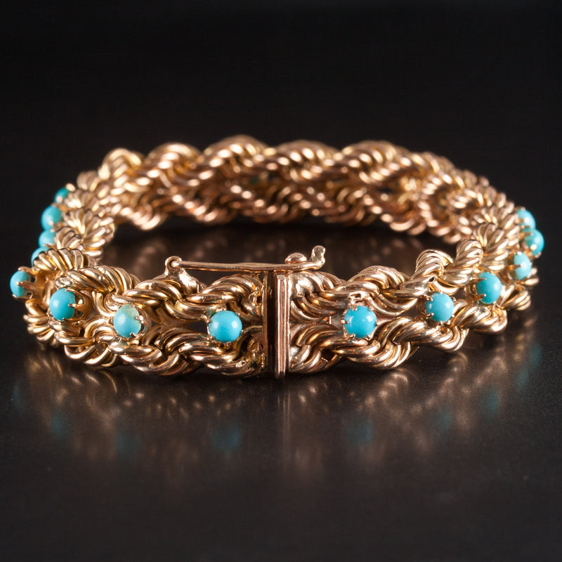 16k Yellow Gold Round Cabochon Blue Green Turquoise Rope Chain Bracelet 16.25g