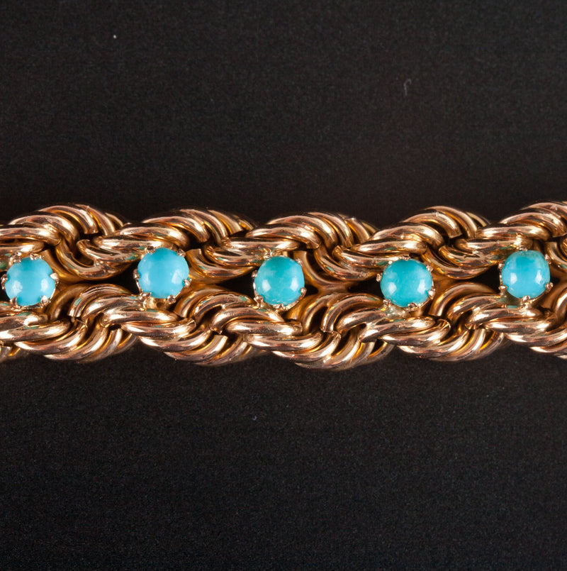 16k Yellow Gold Round Cabochon Blue Green Turquoise Rope Chain Bracelet 16.25g