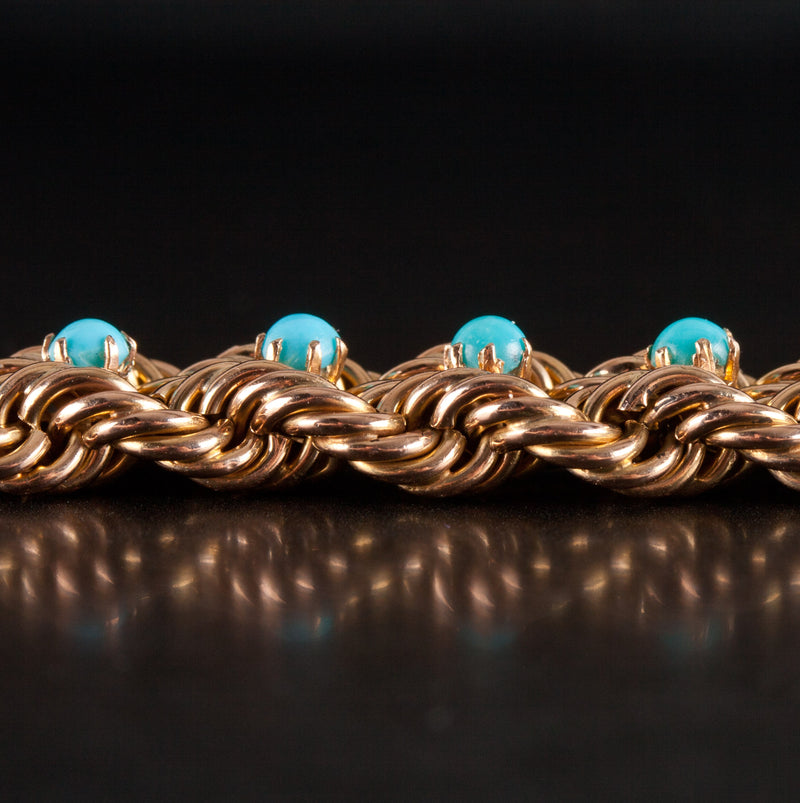 16k Yellow Gold Round Cabochon Blue Green Turquoise Rope Chain Bracelet 16.25g