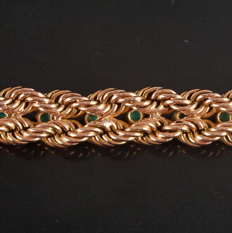 16k Yellow Gold Round Cabochon Blue Green Turquoise Rope Chain Bracelet 16.25g