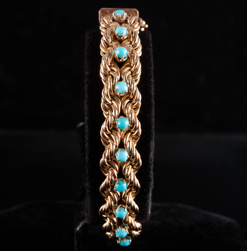 16k Yellow Gold Round Cabochon Blue Green Turquoise Rope Chain Bracelet 16.25g