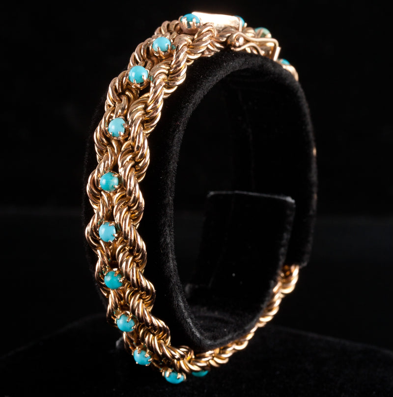 16k Yellow Gold Round Cabochon Blue Green Turquoise Rope Chain Bracelet 16.25g