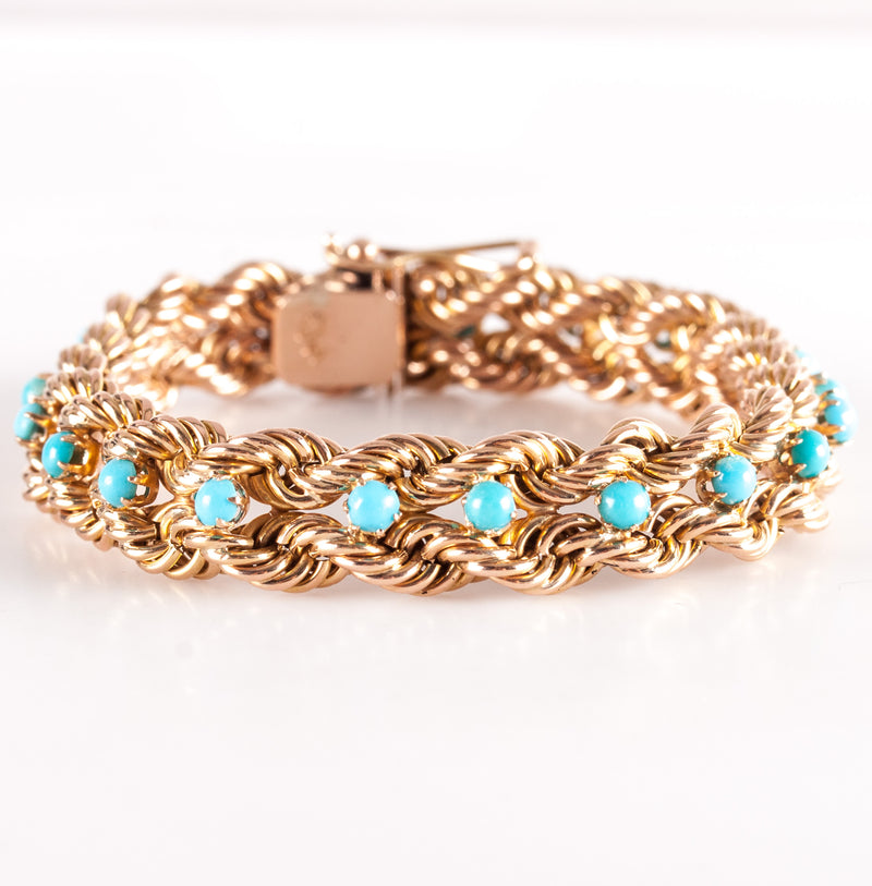 16k Yellow Gold Round Cabochon Blue Green Turquoise Rope Chain Bracelet 16.25g