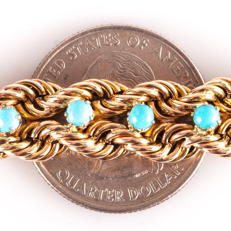 16k Yellow Gold Round Cabochon Blue Green Turquoise Rope Chain Bracelet 16.25g