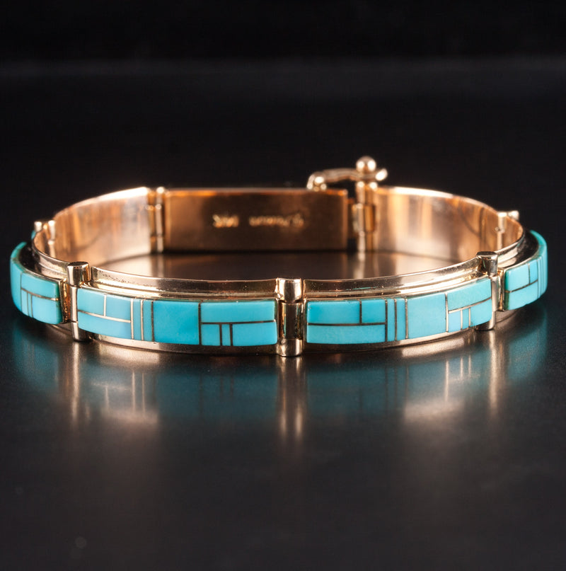 14k Yellow Gold Inlay Style Blue Turquoise Bracelet 20.0g 6.5" Length