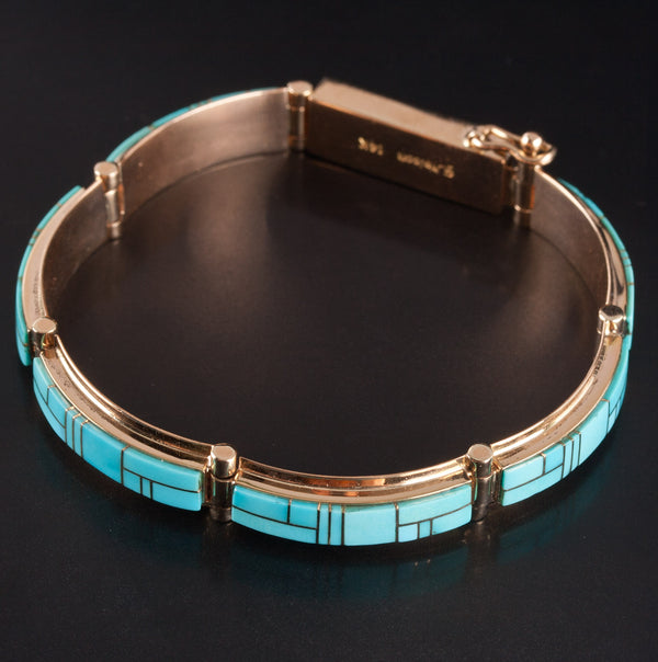 14k Yellow Gold Inlay Style Blue Turquoise Bracelet 20.0g 6.5" Length