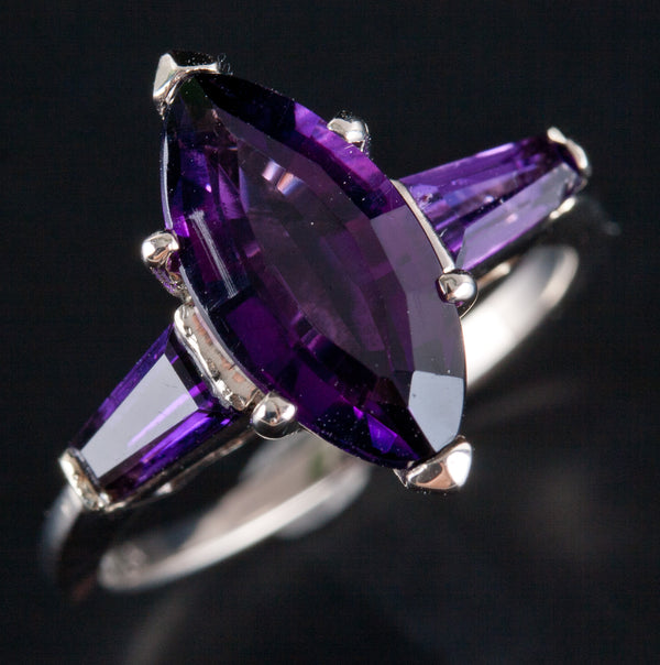 14k White Gold Marquise Tapered Baguette Amethyst Cocktail Style Ring 1.85ctw