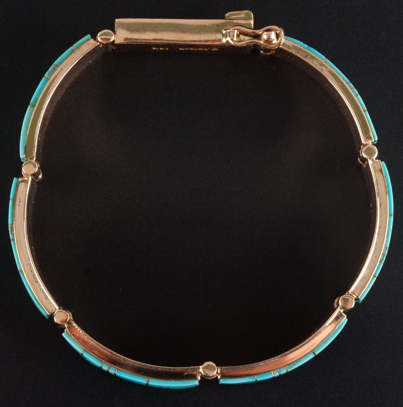 14k Yellow Gold Inlay Style Blue Turquoise Bracelet 20.0g 6.5" Length