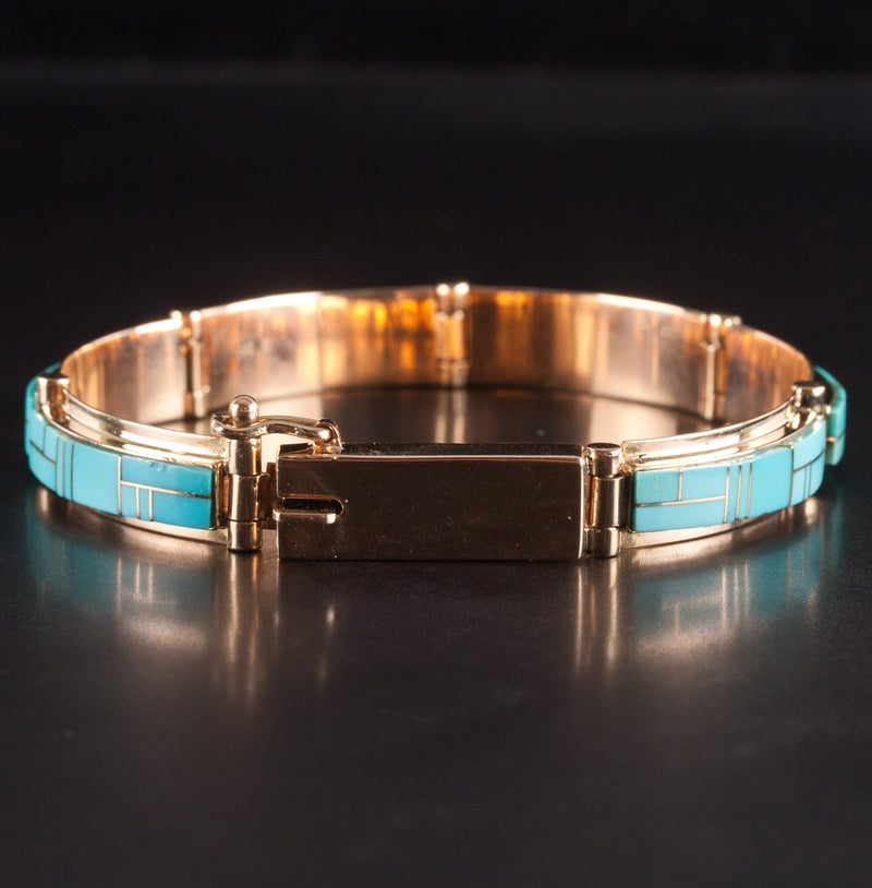 14k Yellow Gold Inlay Style Blue Turquoise Bracelet 20.0g 6.5" Length