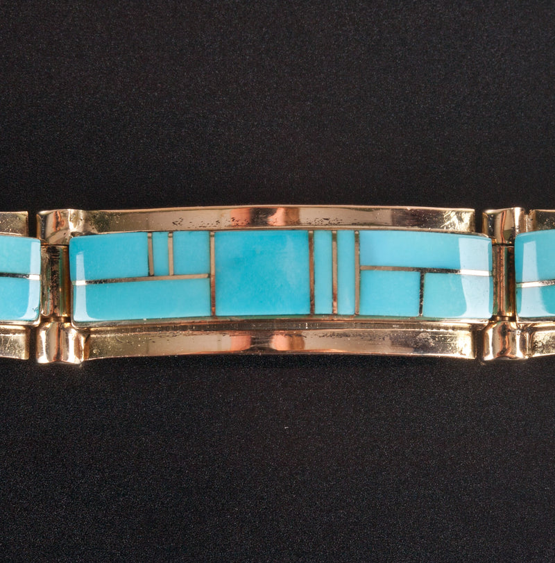 14k Yellow Gold Inlay Style Blue Turquoise Bracelet 20.0g 6.5" Length