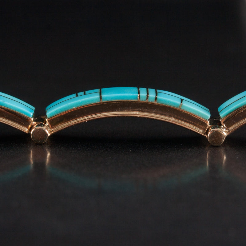 14k Yellow Gold Inlay Style Blue Turquoise Bracelet 20.0g 6.5" Length