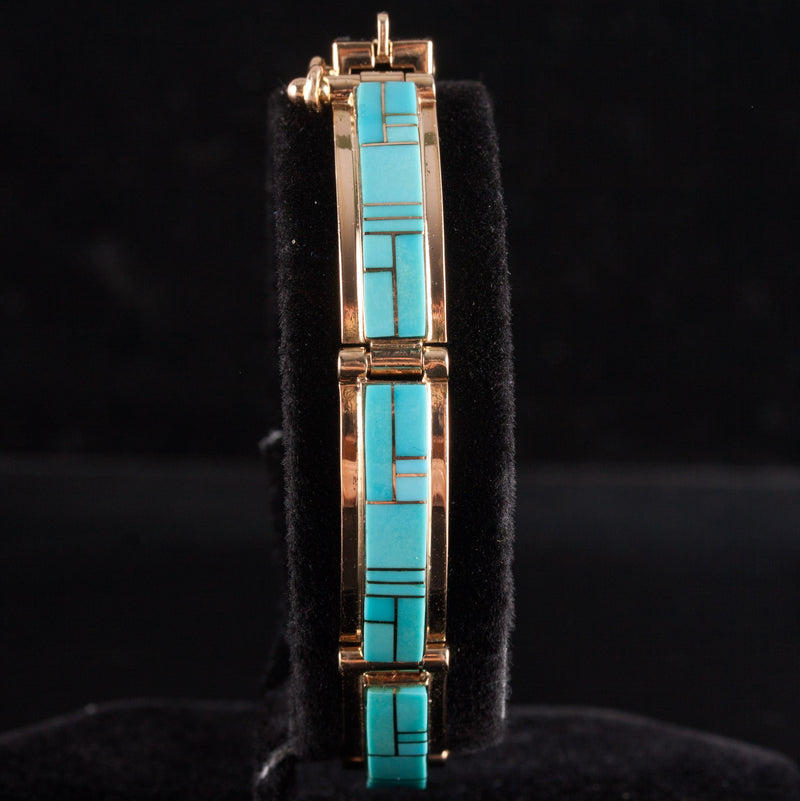 14k Yellow Gold Inlay Style Blue Turquoise Bracelet 20.0g 6.5" Length