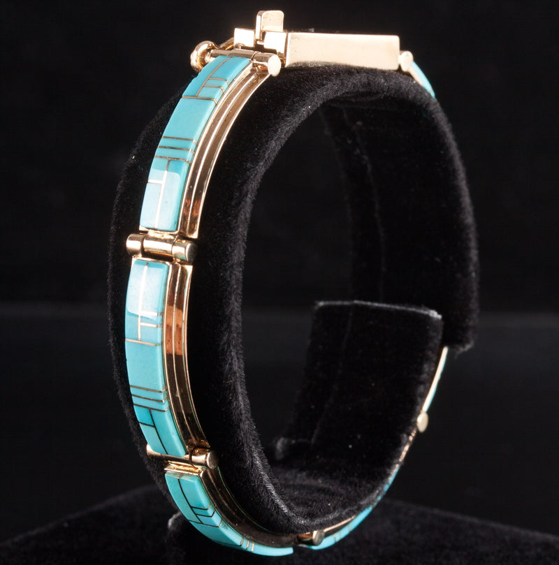 14k Yellow Gold Inlay Style Blue Turquoise Bracelet 20.0g 6.5" Length