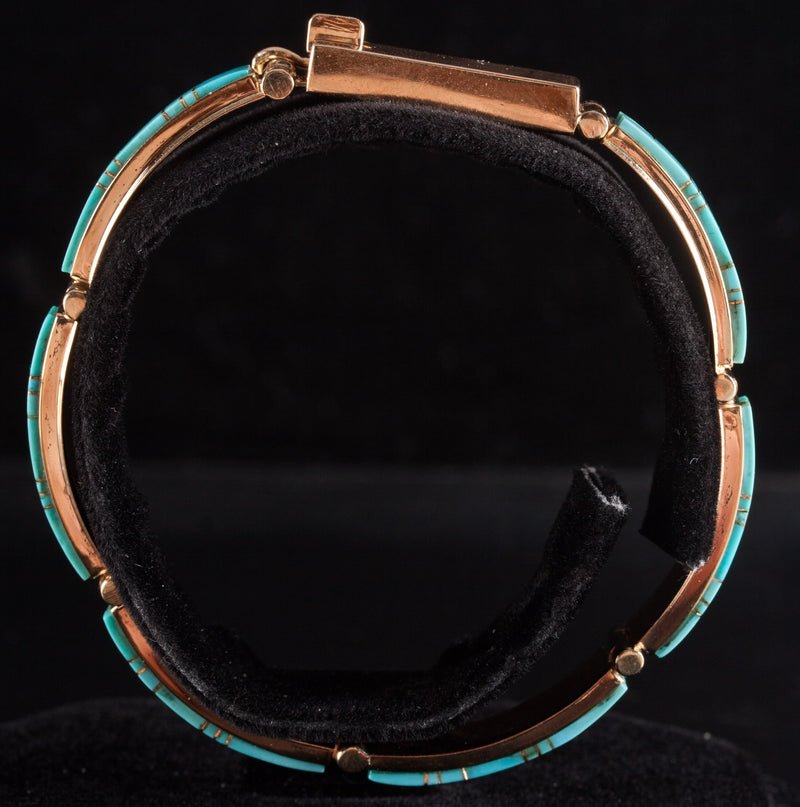 14k Yellow Gold Inlay Style Blue Turquoise Bracelet 20.0g 6.5" Length