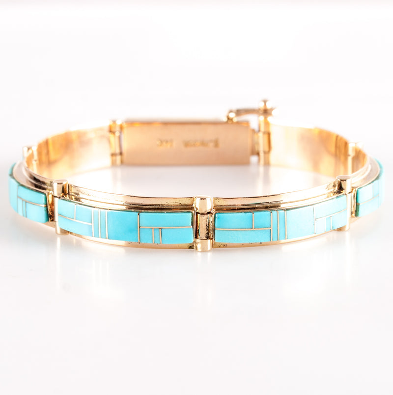 14k Yellow Gold Inlay Style Blue Turquoise Bracelet 20.0g 6.5" Length