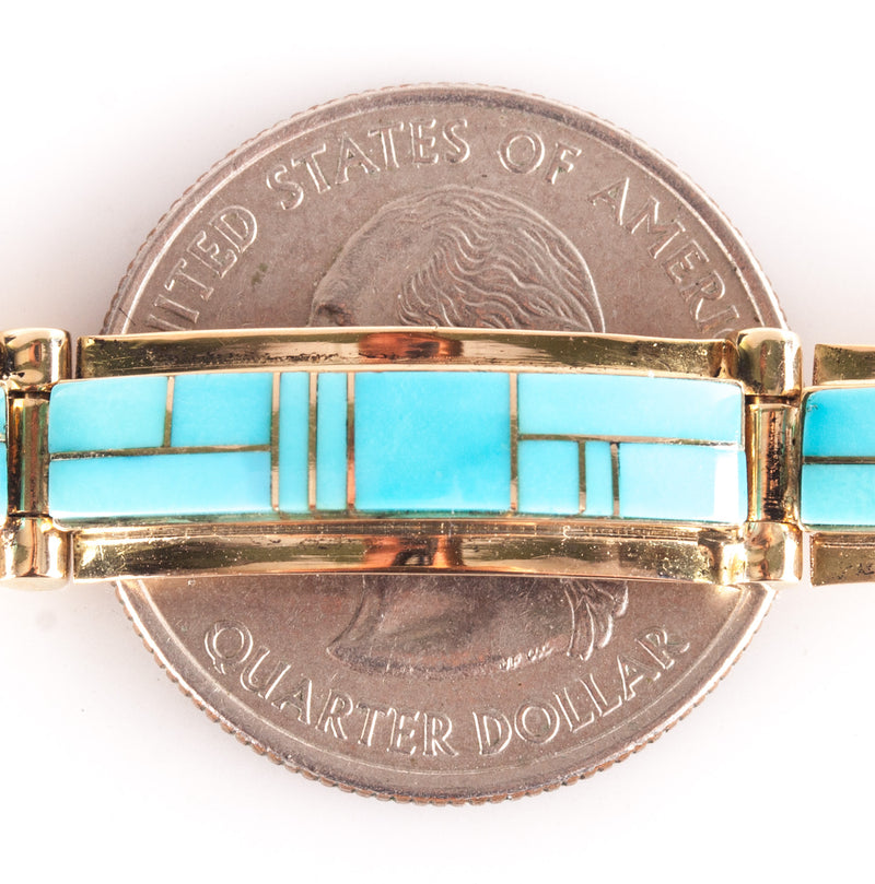 14k Yellow Gold Inlay Style Blue Turquoise Bracelet 20.0g 6.5" Length
