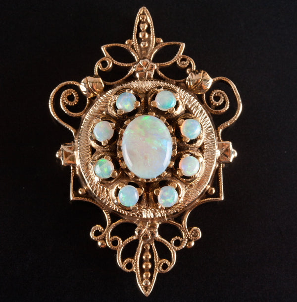Vintage 1940's 14k Yellow Gold Opal Floral Style Pendant Brooch Combo 2.22ctw